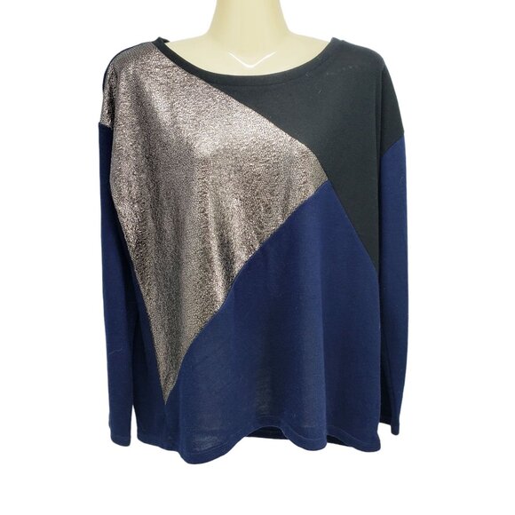 August Silk Womens M Blue‎ & Silver Colorblock Long Sleeve Top - Picture 6 of 6